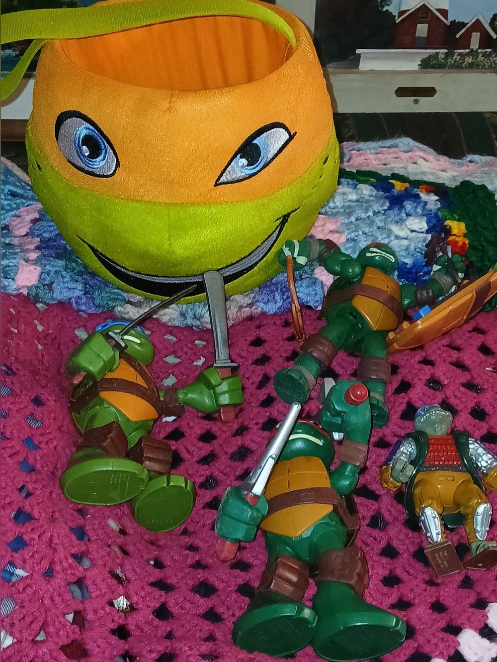 CollectabGreen & Orange Turtle Plush Bucket  with 4  Action Figues Bundle
